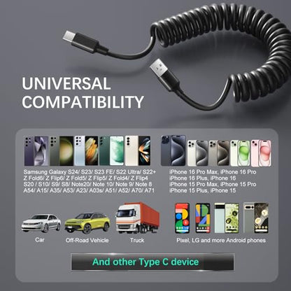 Coiled USB C Cable for Car (3 Count)