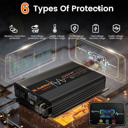 2000W Pure Sine Wave Power Inverter 12V DC to 120V AC 60HZ with LCD Display