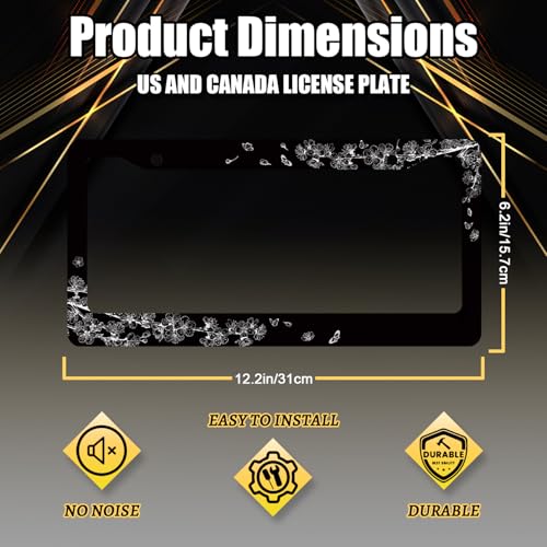 Stainless Steel Black White Cherry Blossom License Plate Frame 12.2 x 6.2In
