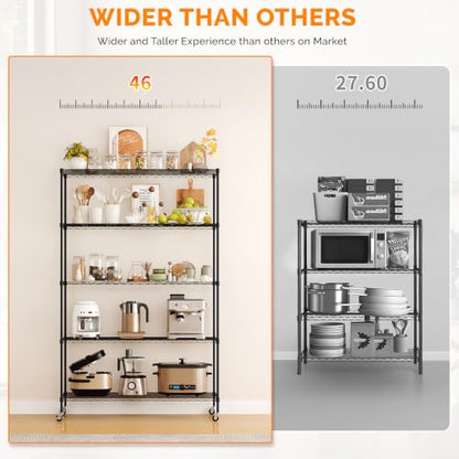 5 Tier Metal Storage Shelves 73''H Wire Shelving with Wheels for Storage Adjustable Heavy Duty Garage Shelving Storage Racks for Pantry Shelves Kitchen Office Garage