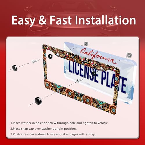 Mandala Flowers Boho License Plate Frame Stainless Steel 2Holes with Screws