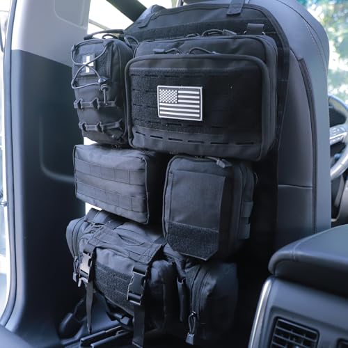 Universal Tactical Car Seat Back Organizer Bag Tactical Molle Vehicle Organizers Panel Vehicle Protector Organizers with 5 Detachable Pouches for Car Truck Ford Jeep