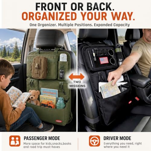 Tactical Seat Back Organizer Heavy Duty MOLLE Panel Organizer with Multiple Pockets & Hook Loop Panel for Road Trip Essentials