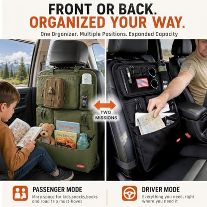 Tactical Seat Back Organizer Heavy Duty MOLLE Panel Organizer with Multiple Pockets & Hook Loop Panel for Road Trip Essentials
