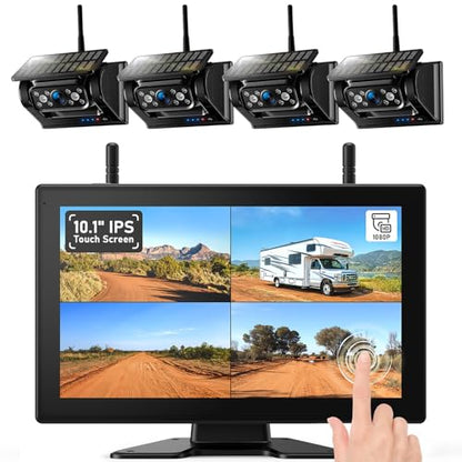 4 Magnetic Solar Wireless Backup Camera HD1080P DVR 10.1" Touchscreen Monitor (4 Count)
