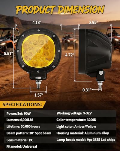 2PCS 4 Inch Amber LED Fog Lights 90W Round Off Road Driving Lights (2 Count)