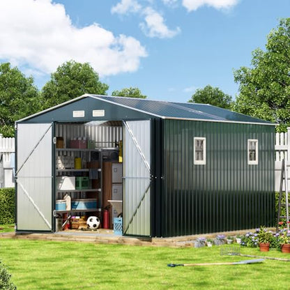 10x12X7.5FT Outdoor Steel Storage Shed with Lockable Doors and Frame Floor