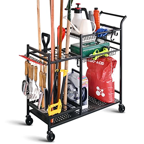 Rolling Garden Tool Organizer with Shelves and Hooks