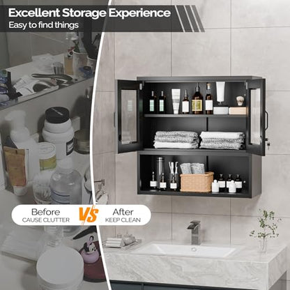 Metal Wall Cabinet with Locking Glass Doors & Magnetic LED Sensor Light