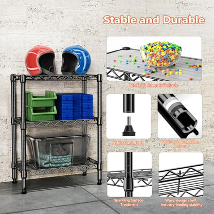 750 lbs 3 Tier Shelf Metal Storage Shelves Wire Rack Closet Organizers with PP Board for Garage Kitchen Bathroom Laundry Black 11.8" D x 21.7" W x 28.6" H (3 Count)