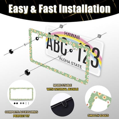 Stainless Steel Cute Daisy Floral License Plate Frame 12.3 x 6.3 Inch