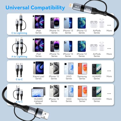 Coiled Lightning Cable 4 in 1 4FT Multi Charging Cable 60W Fast Charging