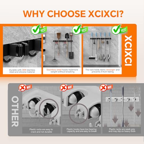 5 Grippers Broom Holder Wall Mount with 4 Hooks Stainless Steel