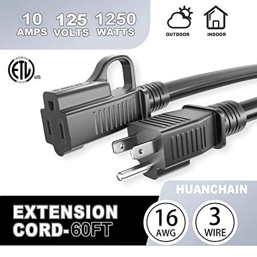 Indoor Outdoor Black Extension Cord 60 FT Waterproof 16