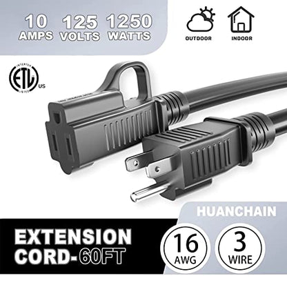 Indoor Outdoor Black Extension Cord 60 FT Waterproof 16