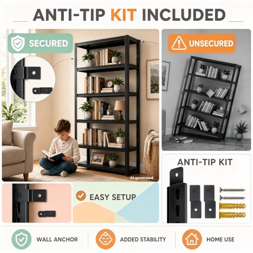Metal Bookshelf 5 Tier Adjustable Heavy Duty Bolt Free Bookcase