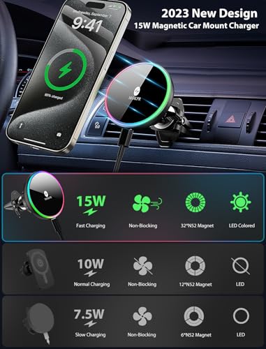 for Magsafe Car Mount Charger 15W LED RGB Car Phone Holder for Dash Vent