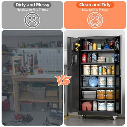 Garage Storage Cabinet with Wheels & Pegboard Doors