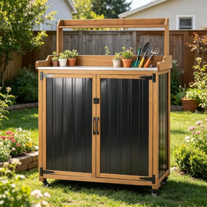 Rolling Potting Bench with Storage and Galvanized Metal Top