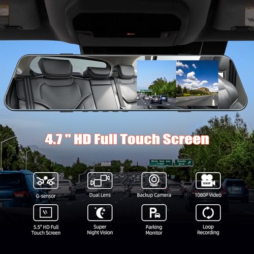 Mirror Dash Cam 4.7 Inch Rear View Mirror 720P Front and Rear View Dual Cameras with Super Night Vision
