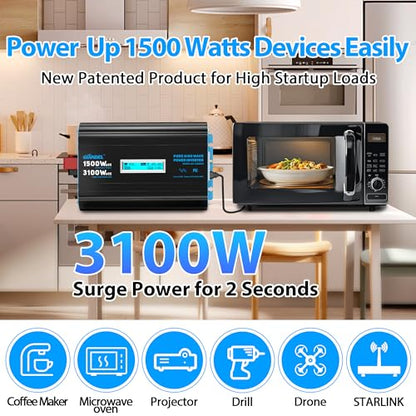 1500 Watt Pure Sine Wave Power Inverter 12V DC to 120V AC