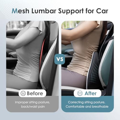 Memory Foam Double Layer Breathable Mesh Lumbar Support Ergonomic Leather Lumbar Support Pillow with 3D Mesh Back Support and Adjustable Strap for CarSeat & Office Chair