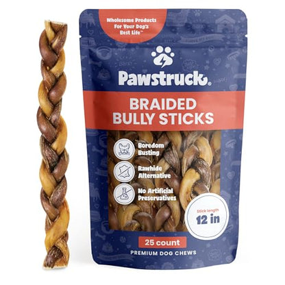 Natural 12” Braided Bully Sticks for Dogs (25 Count)