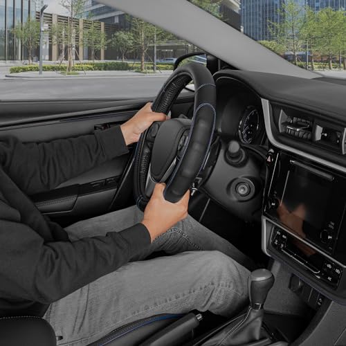 GripDrive Faux Black Leather Steering Wheel Cover for Car Truck Van SUV