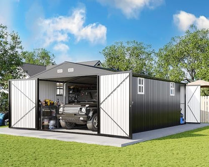 13x21x8 FT Garage Shed with Double Hinged Doors & 4 Windows