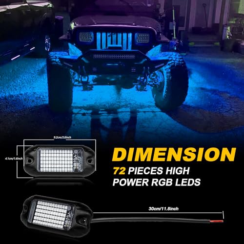 4Pods Pure Blue LED Rock Lights 72w high Power Rock Lights Neon Underglow Light for Car Trucks ATV UTV SUV Boat Underbody Glow Trail Rig Light IP68 Waterproof