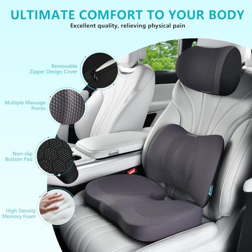 Car Seat Cushion and Back Support for Office Chair Memory Foam Chair Cushions Pressure Relief Seat Pads with Gel Massage Point Lumbar Support