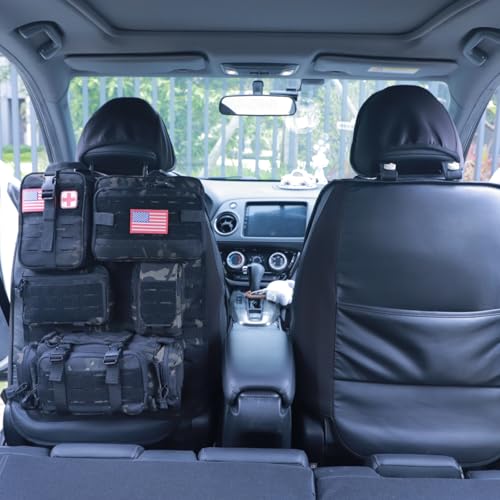 Universal Tactical Car Seat Back Organizer Bag Tactical Molle Vehicle Organizers Panel Vehicle Protector Organizers with 5 Detachable Pouches for Car Truck Ford Jeep