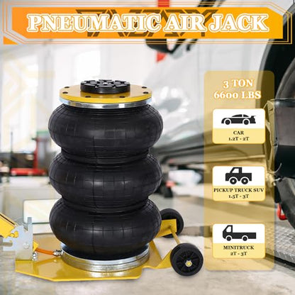 3T Triple Bag Air Jack 6600lbs Pneumatic Jack 3s Fast Lift Up 16in Airbag Jack with Adjustable Long Handle Heavy Duty Triple Air Bag Jack Lift for Cars Garage