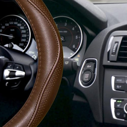 Top Grade Brown Genuine Leather Steering Wheel Cover Men Women