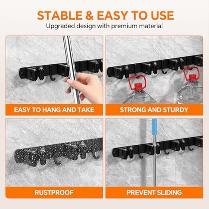 5 Grippers Broom Holder Wall Mount with 4 Hooks Stainless Steel