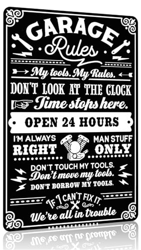 Gifts for Men Dad Husband Funny Garage Rules My Tools My Rules Metal Sign Vintage Metal Wall Art for Garage Workshop Man Cave Decor 8x12 Inch