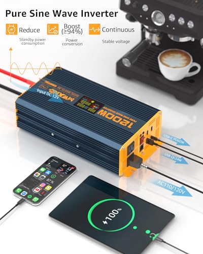1200 Watt Pure Sine Wave Power Inverter DC 12V to 110V AC Converter with Dual AC Outlets