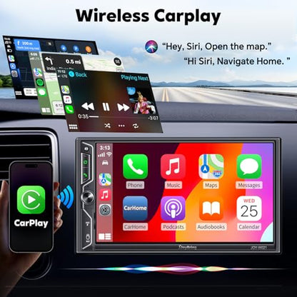QLED Screen Upgrade] 7" Double Din Car Stereo with Wireless Apple CarPlay and Android Auto