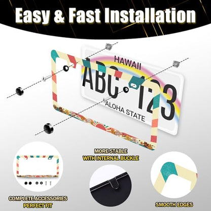 Retro Sun License Plate Frame Boho Floral License Plate Holder with 2 Holes