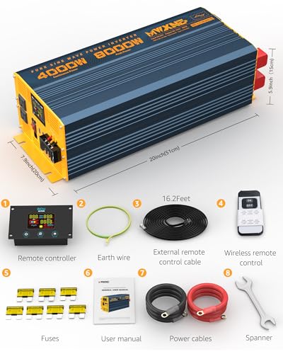 4000W Pure Sine Wave Power Inverter DC 24V to AC 110V 120V for Home RV with Dual AC Outlets 1 USB