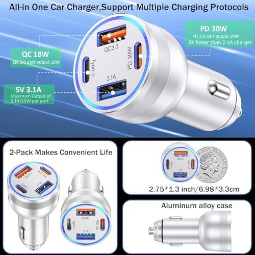 4 Port USB C Car Charger Fast Charging (2 Count)
