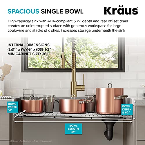 KWT310-33/5.5 Kore ADA Workstation 33-inch Drop-In Topmount 16 Gauge Stainless Steel Single Bowl Kitchen Sink with Accessories, 33 Inch