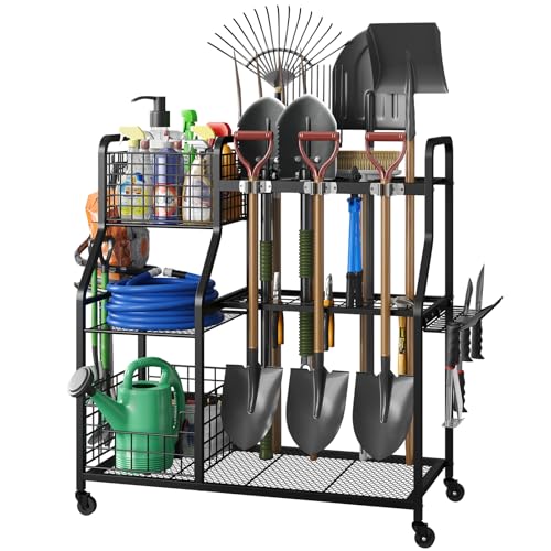 Garden Tool Holder Organizer with Heavy Duty Wheels for Garage