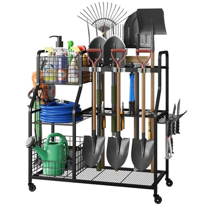 Garden Tool Holder Organizer with Heavy Duty Wheels for Garage