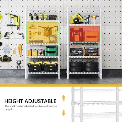 1250 lbs 5 Tier Shelf Metal Storage Shelves Wire Rack Closet Organizers for Garage Kitchen Bathroom Laundry White 11.8" D x 29.5" W x 59.5" H (5 Count)