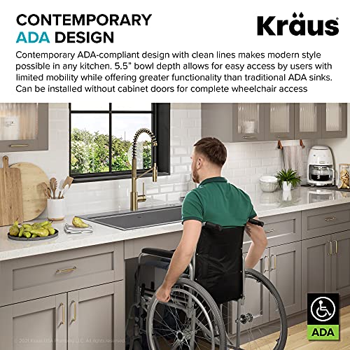 KWT310-33/5.5 Kore ADA Workstation 33-inch Drop-In Topmount 16 Gauge Stainless Steel Single Bowl Kitchen Sink with Accessories, 33 Inch
