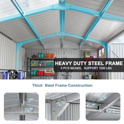 10x12 FT Metal Outdoor Storage Shed with Unique Sunroof Windows Lockable Double Door Air Vent