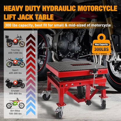 Motorcycle Lift Table Jack 300 LBS Heavy Duty Hydraulic Motorcycle Scissor Jack Lifts Table Foot Pedal with 4 Caster Wheels Wide Deck for Motorbike Dirt Bike ATV Garage Repair Tool