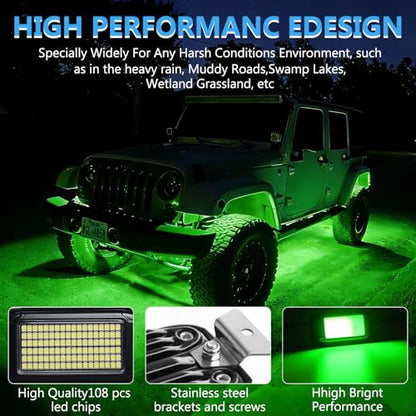 108 High Power LEDs per Pod 4Pods Pure Green Rock Lights Ultra