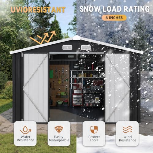 10x8FT Shed with Floor Galvanized Steel Outdoor Storage Shed Black